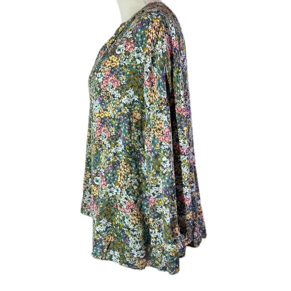 J. Jill Size XL Floral Print Popover Blouse Rayon Green Blue - Picture 5 of 11